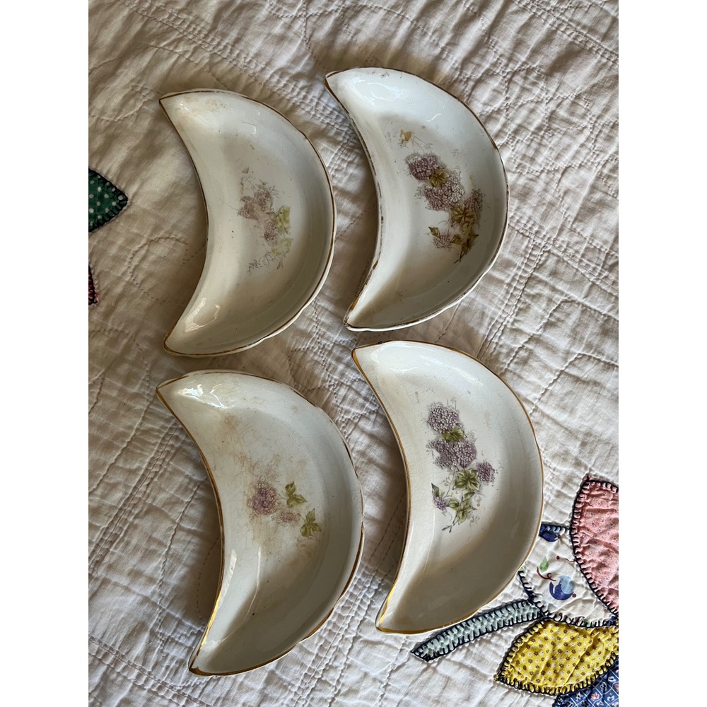 Vintage Set of 4 Crescent Bone Dishes Lilac Floral Gold Trim Johnson Bros Meakin